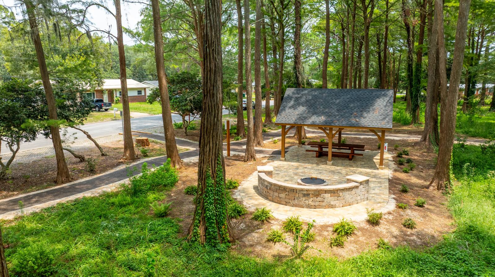 Flexus AP-200 installed — pavilion and fire pit patio, Azalea Park